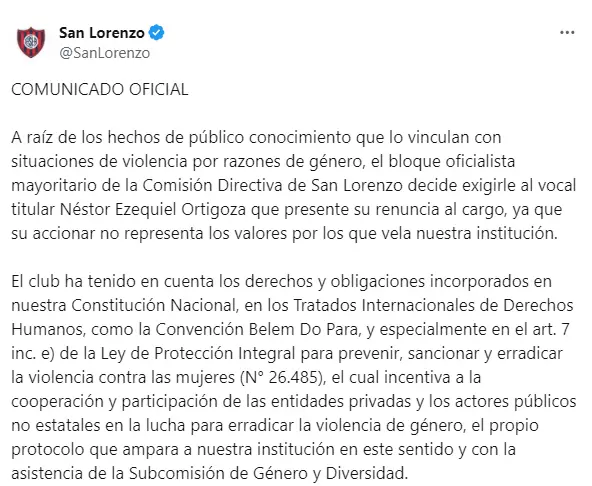 El comunicado de San Lorenzo