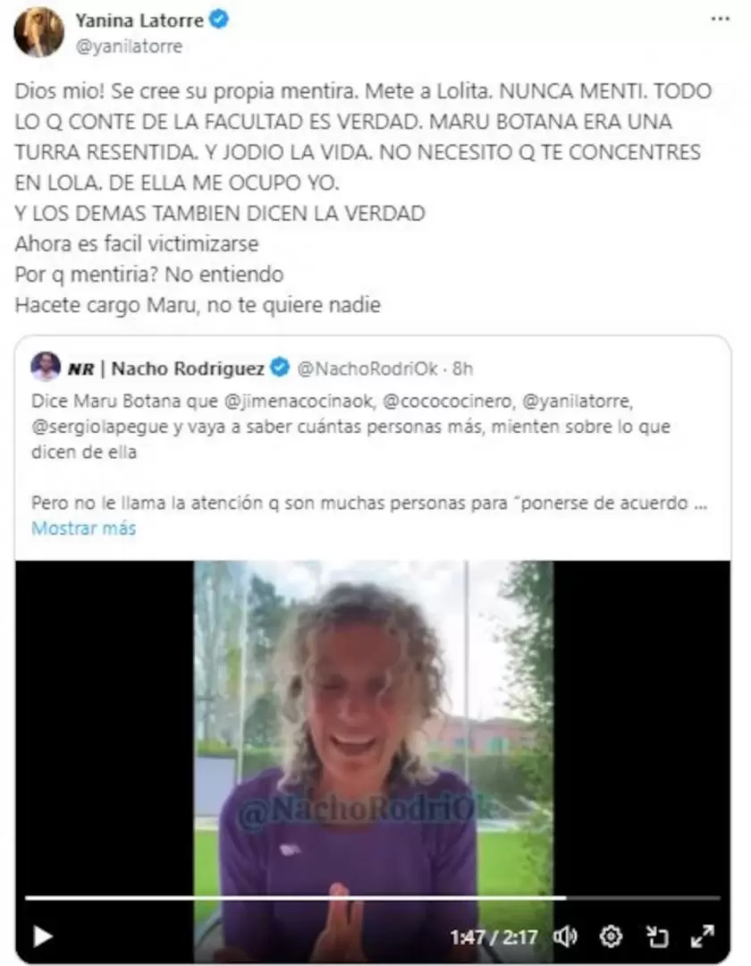 El tuit de Yanina contra Maru Botana