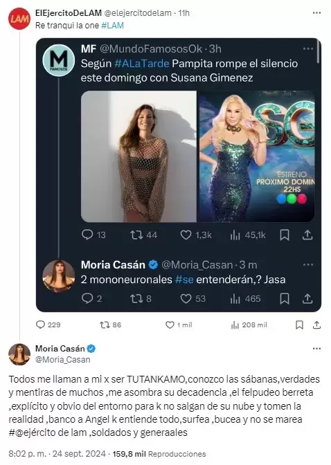 Moria Casn apunt contra Pampita y Susana Gimnez