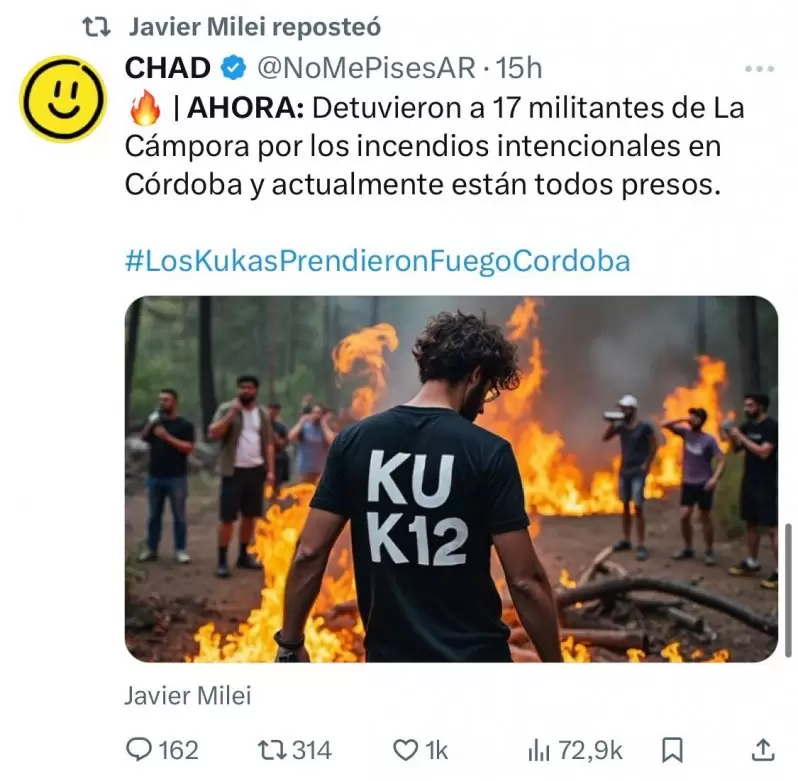 Otro de los tuits que acusaron al Kirchnerismo de haber incendiado Crdoba