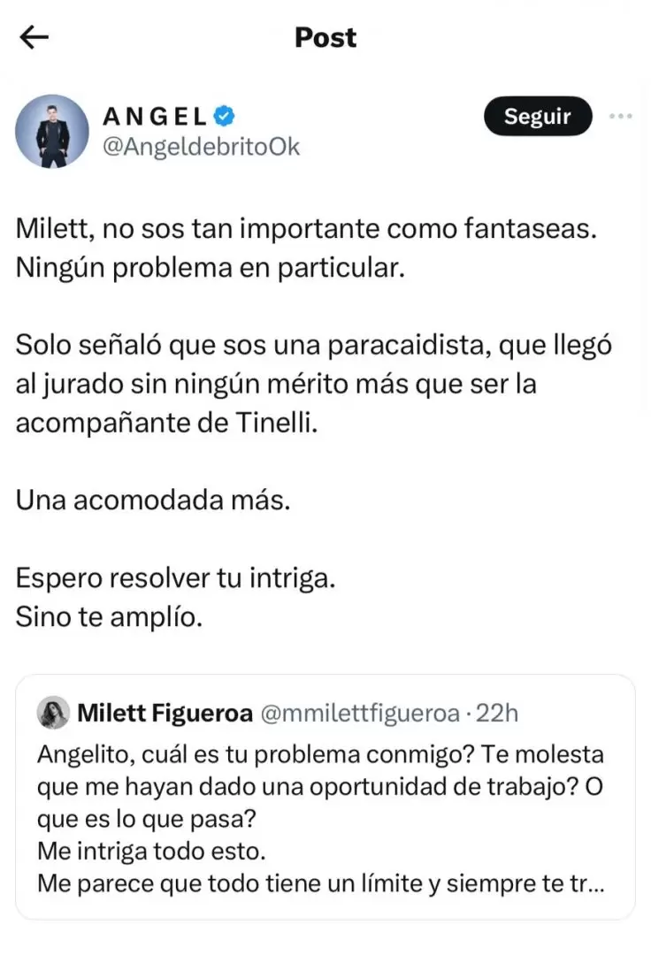 Directo al hueso, ngel De Brito sentenci de "paracaidista" a Milett Figueroa