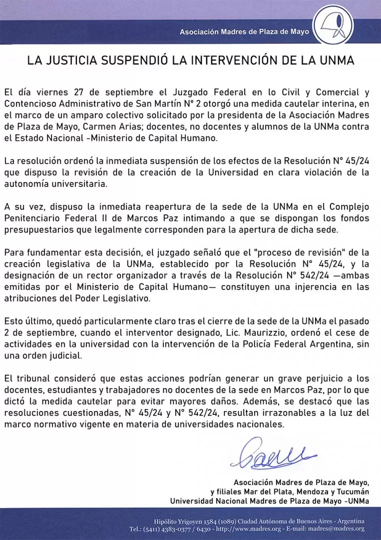 Comunicado de las autoridades de la UNMA