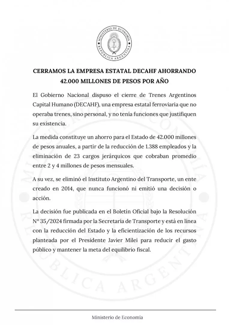 "Cerramos Decahf y el Instituto Argentino del Transporte", festejaron desde La Libertad Avanza