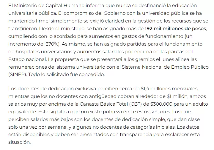 El comunicado del Ministerio de Capital Humano