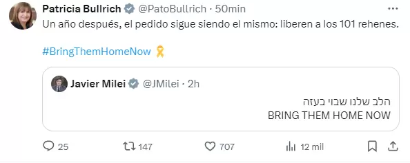 El mensaje de Patricia Bullrich a un ao del ataque de Hamas