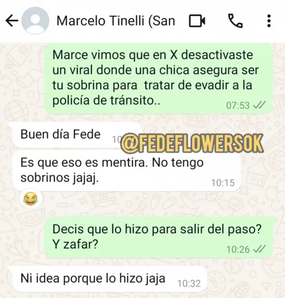 Chat de Fede Flowers con Marcelo Tinelli, acerca de la joven que jur ser su sobrina para zafar un control policial