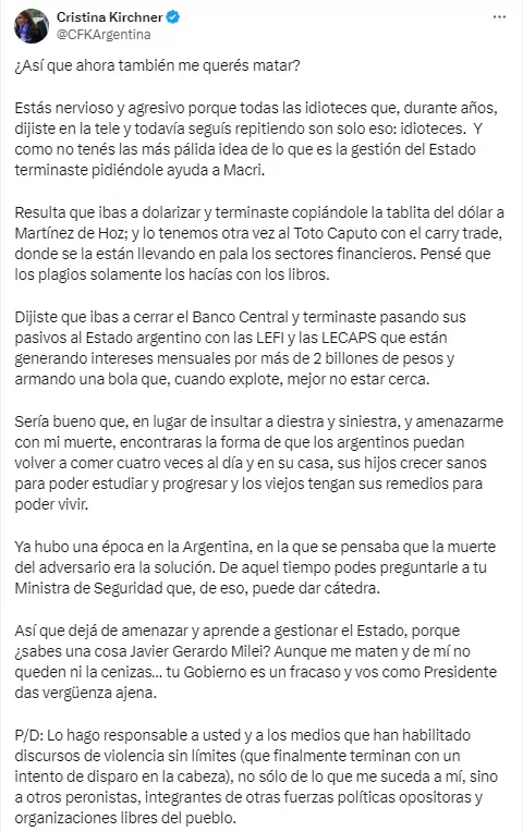 El descargo de Cristina Kirchner contra Milei