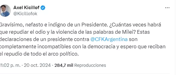 Kicillof fue otro de los peronistas que pronunci su repudio a los dichos de Milei