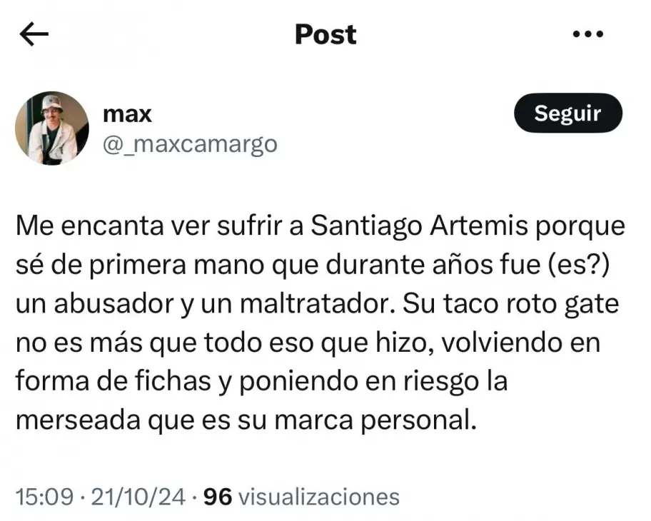 Opiniones de X sobre los datos que se conocen de Santiago Artemis