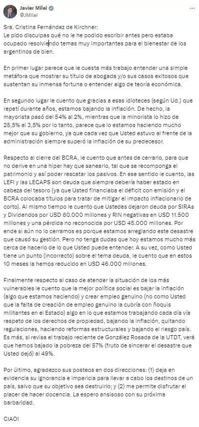 Javier Milei le respondi a CFK