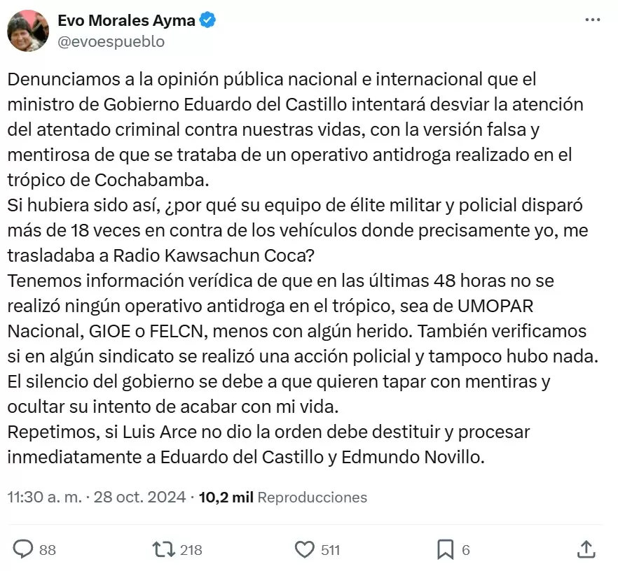 Evo Morales utiliz las redes sociales para acusar al presidente Luis Arce por el atentado sufrido en su contra.