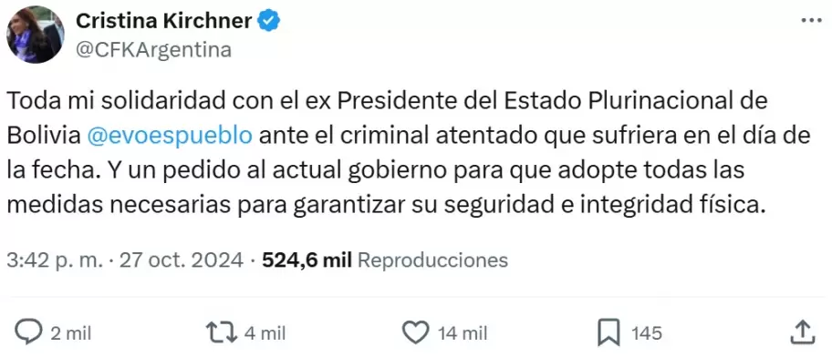 El tuit de Cristina Fernndez de Kirchner para solidarizarse con Evo Morales tras el atentado sufrido en su contra.