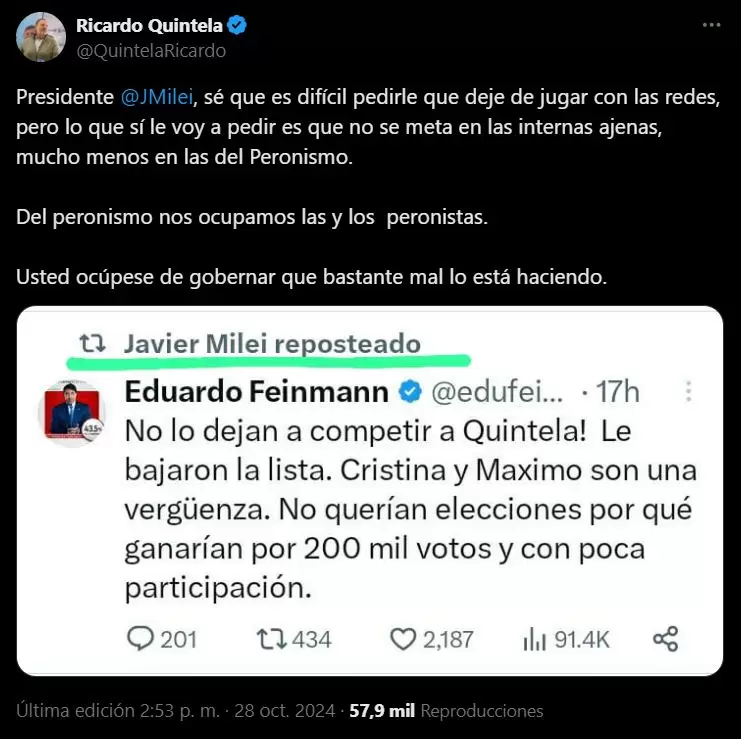 Ricardo Quintela y su tuit donde rechaz el respaldo de Javier Milei a su intencin de participar en la interna peronista.