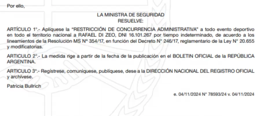 El Gobierno le prohibi a Di Zeo el ingreso a todo evento deportivo a nivel nacional