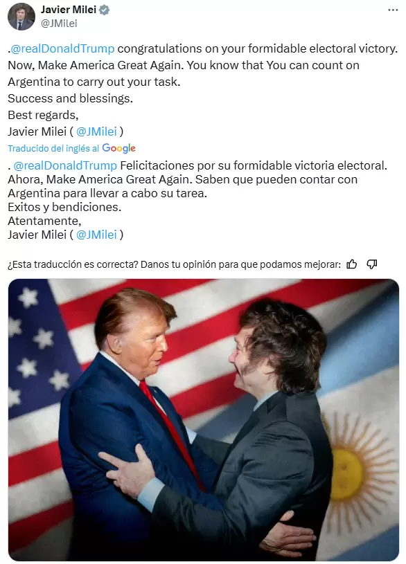 El posteo de Javier Milei tras la victoria de Donald Trump