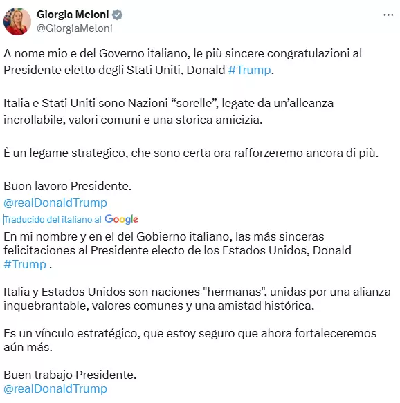 Meloni tambin se pronunci a favor del flamante presidente de Estados Unidos