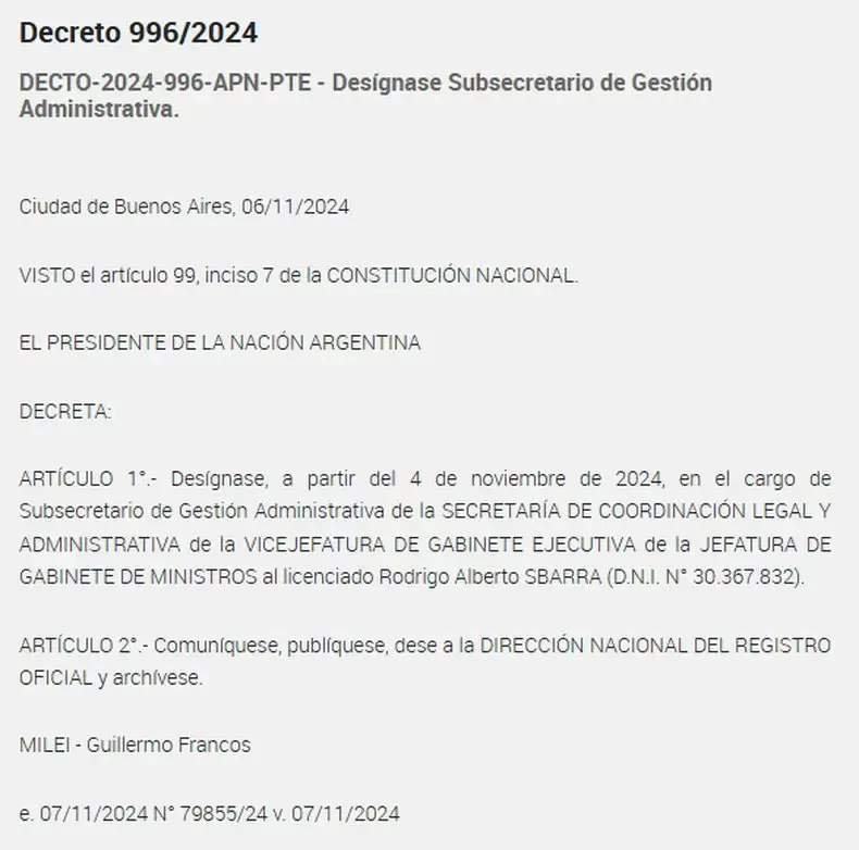 Milei sum al Gobierno a un exfuncionario macrista investigado por lavado de dinero