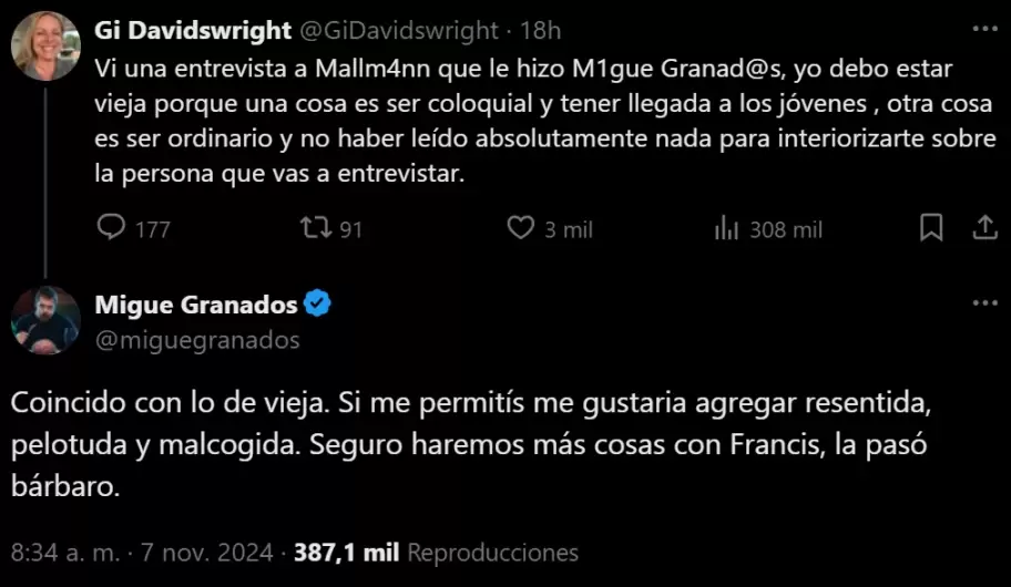 El violento ida y vuelta entre Migue Granados y una usuaria que lo critic en redes sociales.