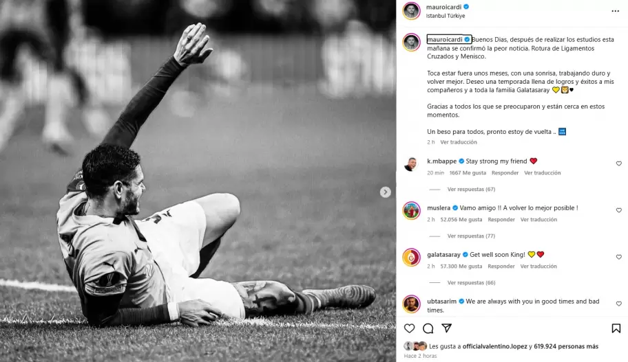 La publicacin de Mauro Icardi en donde inform que se rompi los ligamentos y el menisco.