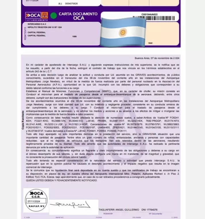 Una de las cartas de los despidos en Intercargo