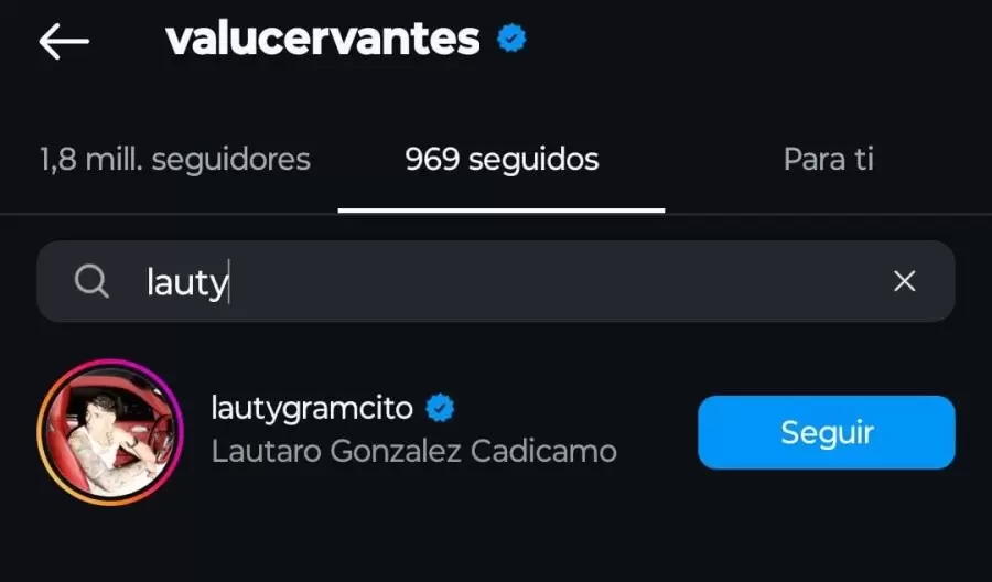 Valentina Cervantes comenz a seguir a Lauty Gram en redes sociales