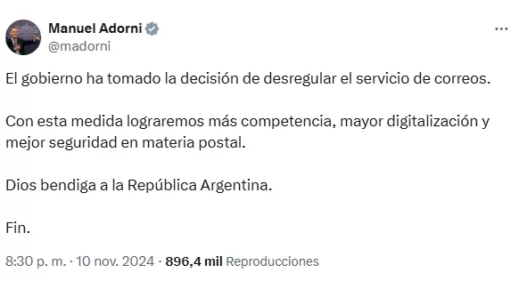 El mensaje de Manuel Adorni sobre la desregulacin del servicio postal