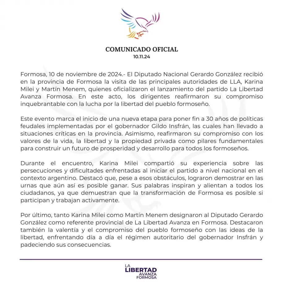 Comunicado oficial de LLA Formosa