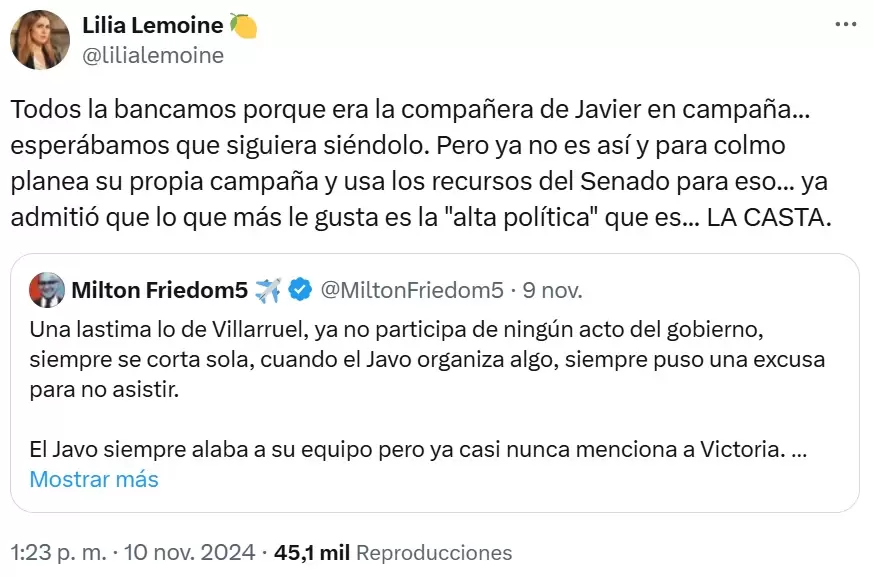 Lilia Lemoine y un fin de semana de locura en su embate contra la vicepresidenta Victoria Villarruel.