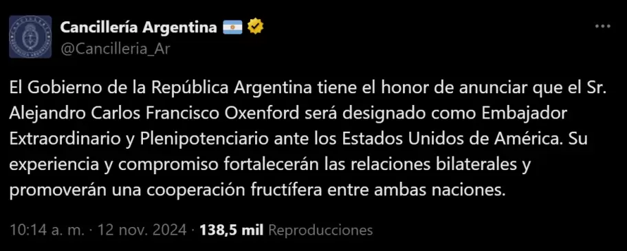 El tuit de la Cancillera Argentina en el cual revelaron que el empresario Alejandro Oxenford ser el nuevo embajador argentino en Estados Unidos.