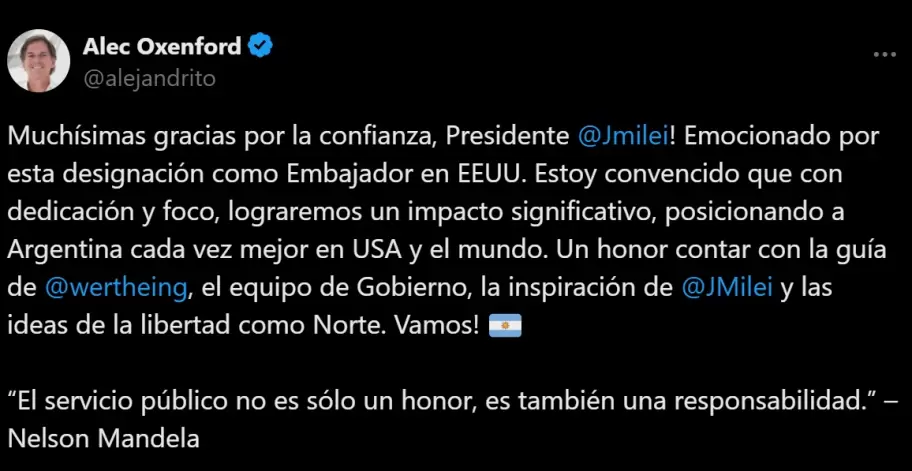 El tuit de Alejandro Oxenford, tras enterarse que ser embajador argentino en Estados Unidos.