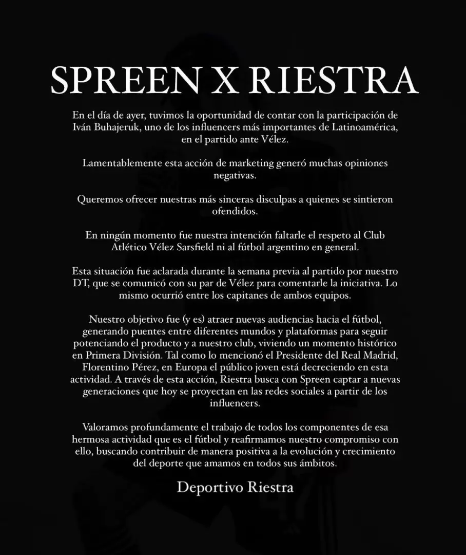 Spreen x Riestra. El comunicado del club donde debut el influencer y su pedido de disculpas.