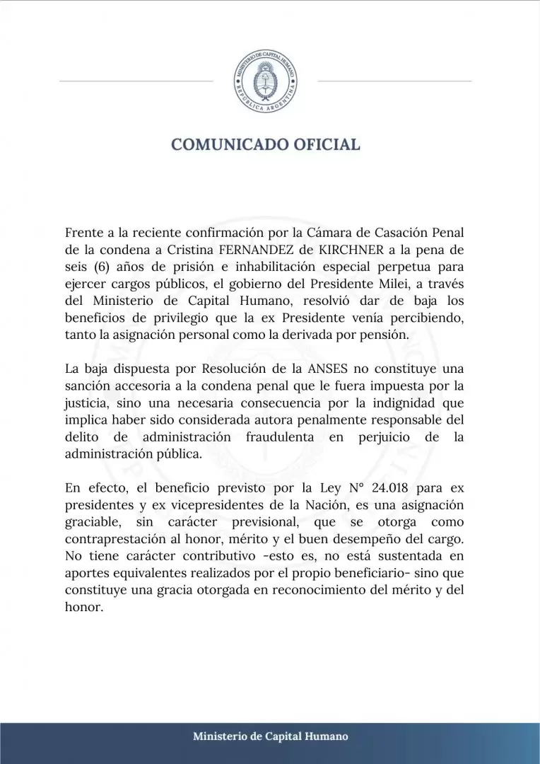 El Gobierno dio de baja los beneficios de privilegios en la jubilacin y la pensin que percibe Cristina Kirchner