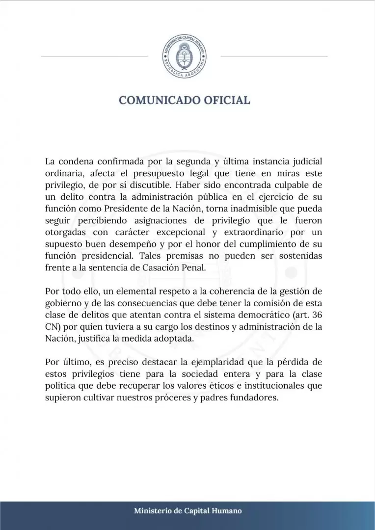 El Gobierno dio de baja los beneficios de privilegios en la jubilacin y la pensin que percibe Cristina Kirchner