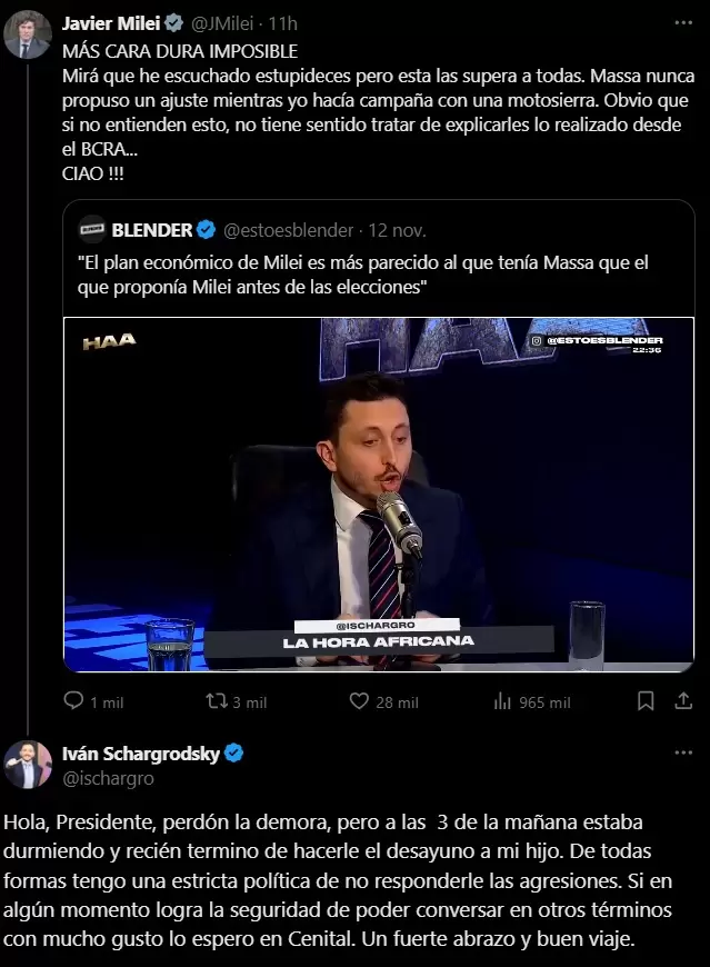 El cruce en redes entre el presidente Javier Milei y el periodista IvnSchargrodsky.