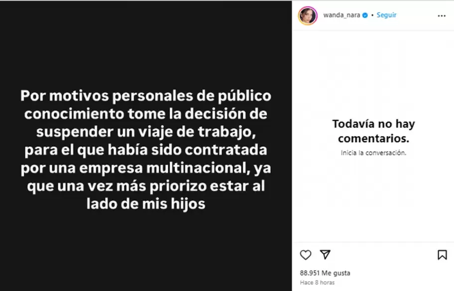 El comunicado de Wanda Nara para anunciar que se bajaba del viaje de influencers de Pandora.