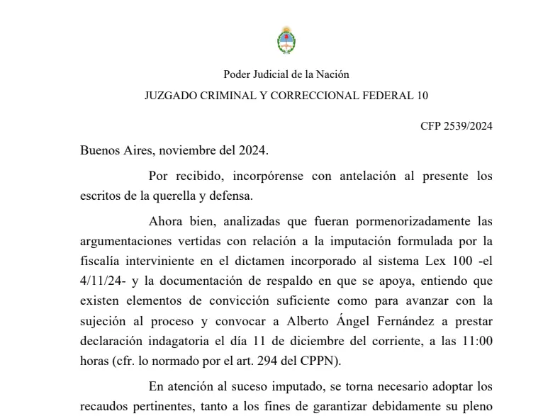 Alberto Fernndez fue citado a declarar el 11 de diciembre en los tribunales de Comodoro Py