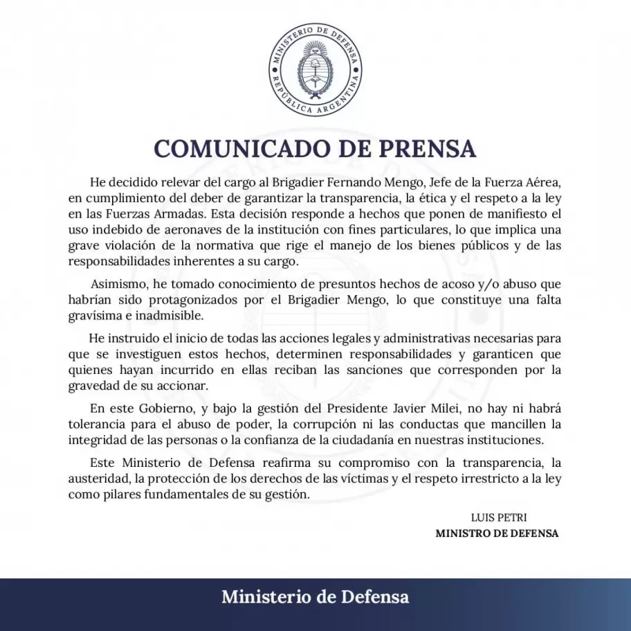 La carta con la que Petri ech al brigadier Fernando Mengo