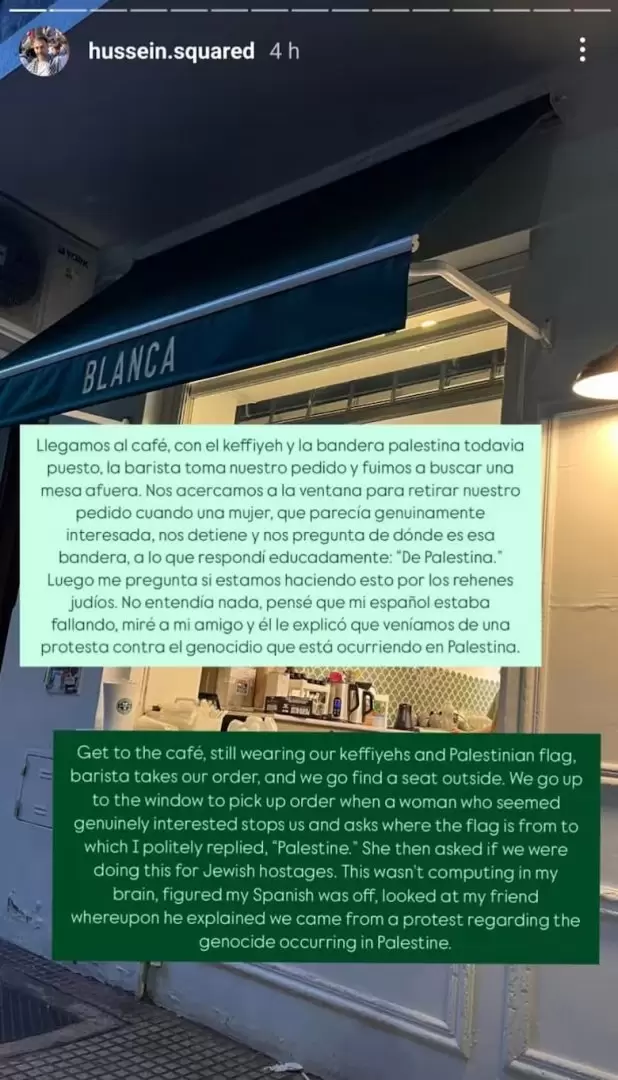 Las historias del turista discriminado por llevar identificaciones palestinas en el bar de Las Caitas.