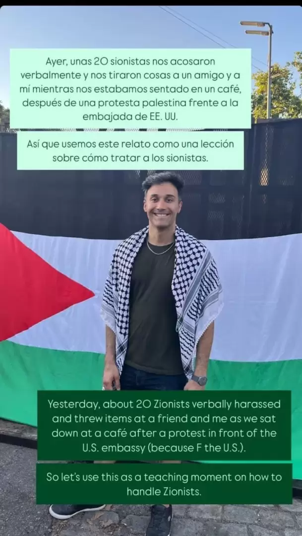 Las historias del turista discriminado por llevar identificaciones palestinas en el bar de Las Caitas.