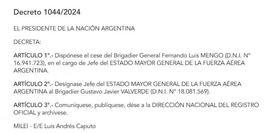 Oficializan el cese del brigadier Fernando Mengo en la Fuerza Area Argentina