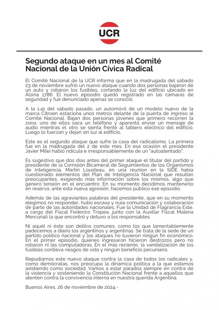 El comunicado oficial de la Unin Cvica Radical respecto al segundo atentado que sufri en menos de 25 das en su local central.