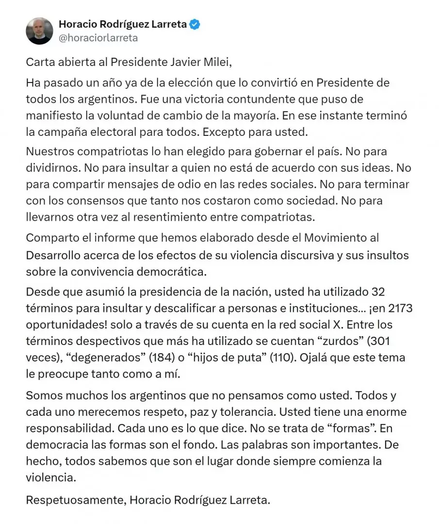 La carta abierta de Horacio Rodrguez Larreta a Milei