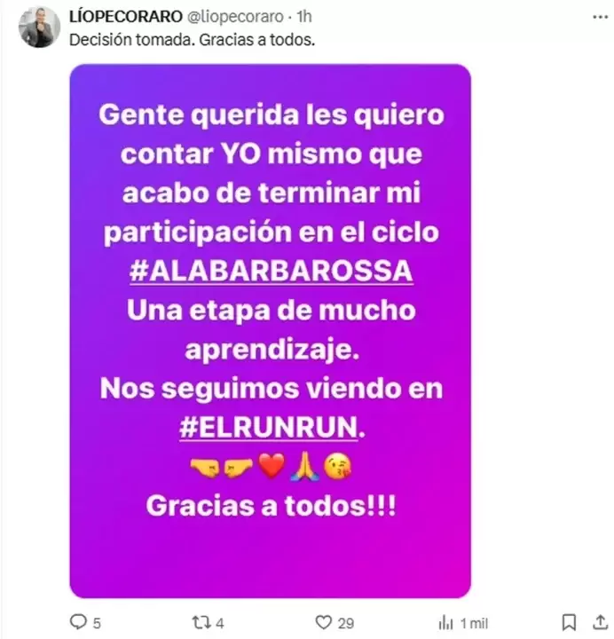 El mensaje de Lo Pecoraro en redes para contar respecto a su salida de Telefe y A la Barbarossa.