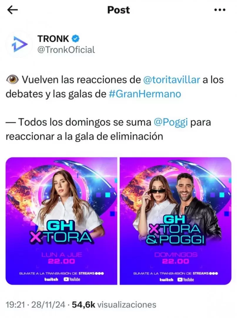 La Tora sigue al frente del stream de Gran Hermano, con el acompaamiento de Diego Poggi