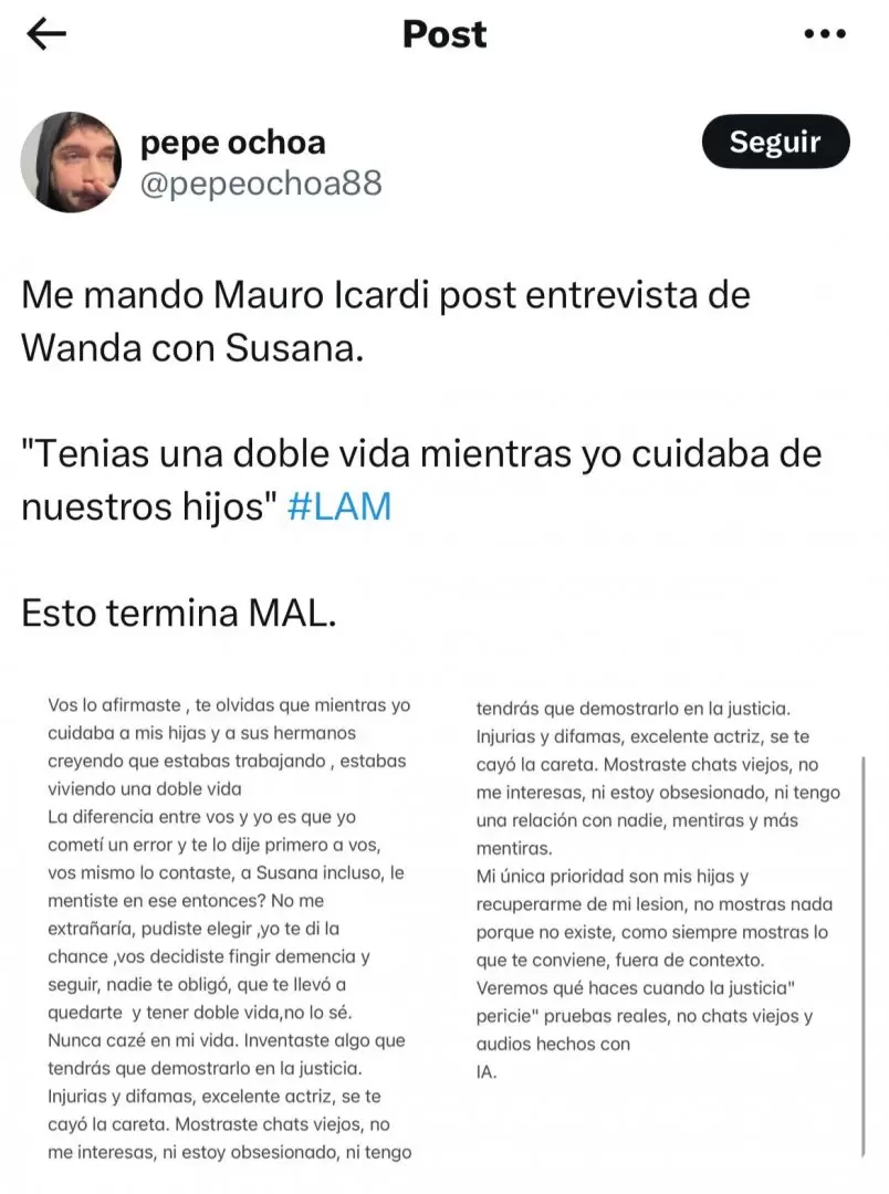 Mauro Icardi envi su descargo a Pepe Ochoa