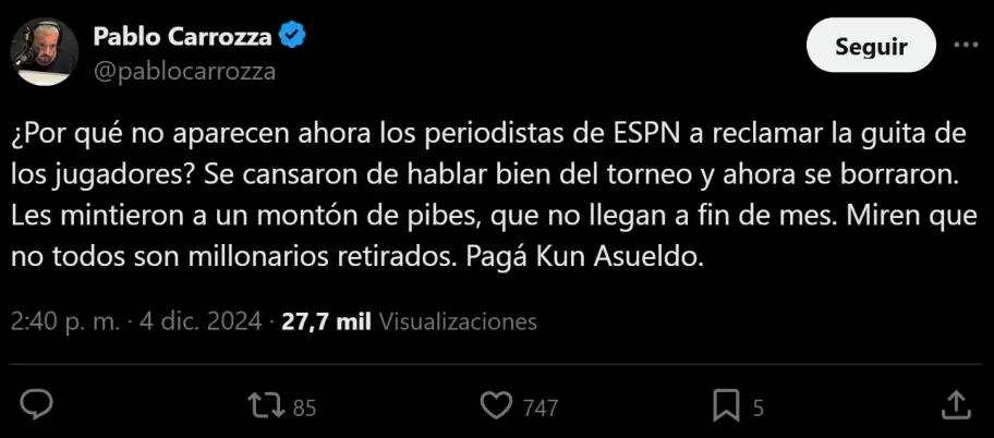 La denuncia que difundi el periodista deportivo Pablo Carrozza acerca de que la Copa Potrero que organizaron "El Kun" Agero y ESPN.