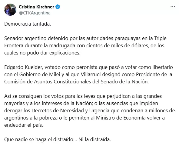 La postura de Cristina sobre la situacin procesal del senador Edgardo Kuider