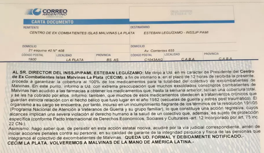 La carta documento contra PAMI