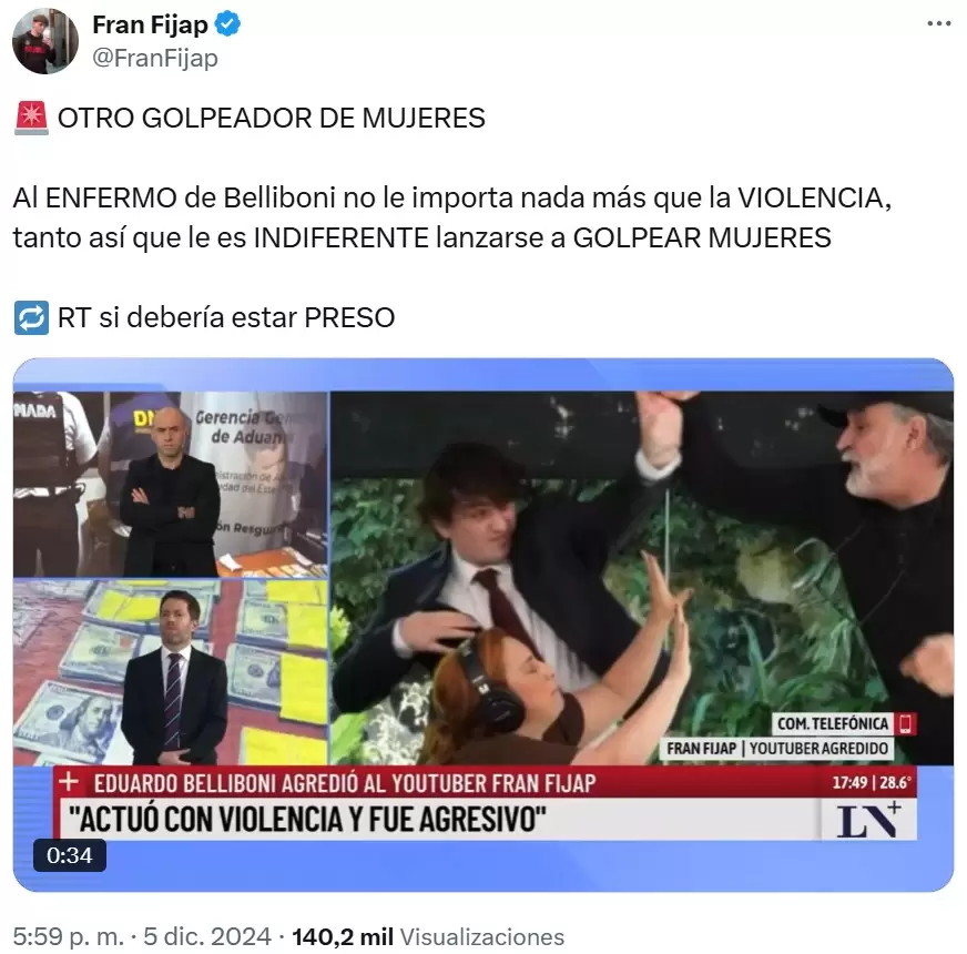 Las acusaciones cruzadas entre Eduardo Belliboni y Fran Fijap que luego de la publicacin del video expusieron al influencer libertario como mentiroso