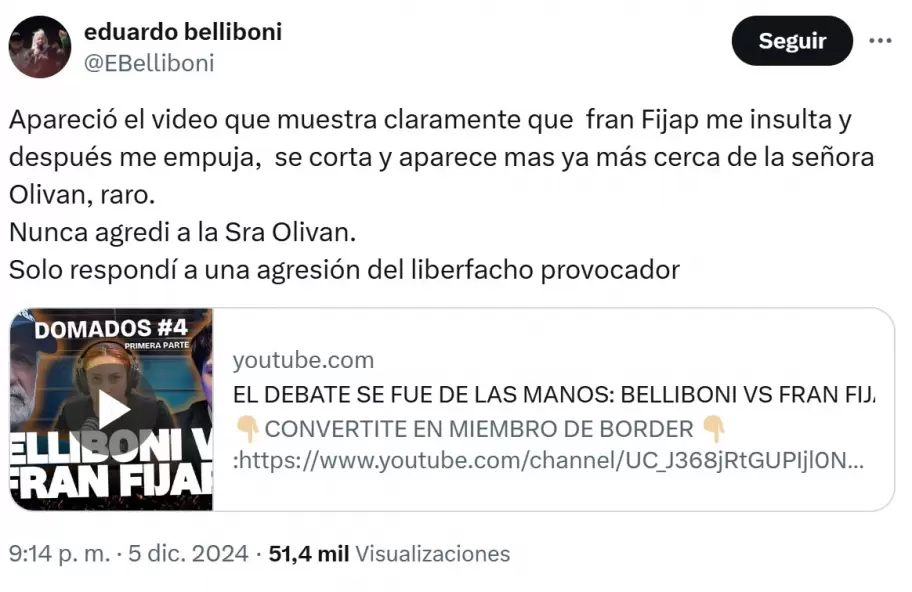 Las acusaciones cruzadas entre Eduardo Belliboni y Fran Fijap que luego de la publicacin del video expusieron al influencer libertario como mentiroso